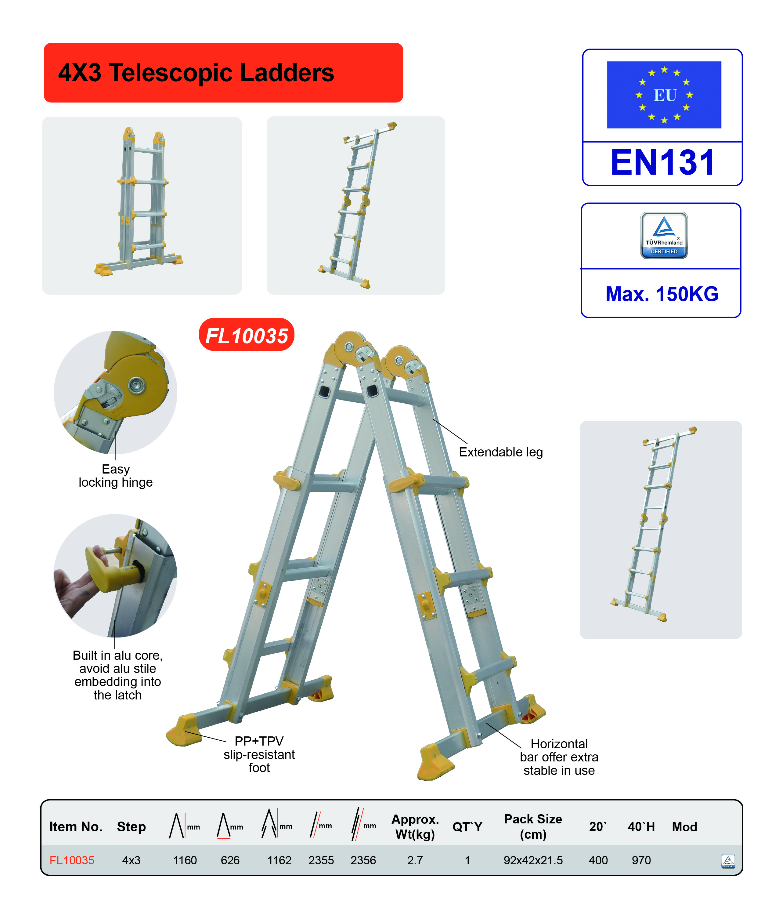 Portable Aluminium Step Ladder PP Feet 4x3 Collapsible Extension Ladder