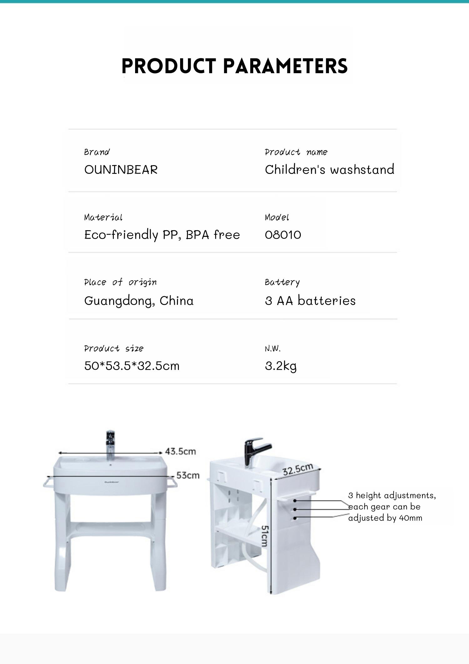 Safe Plastic White Children'S Bathroom Sink Baby Washstand Easy Installation