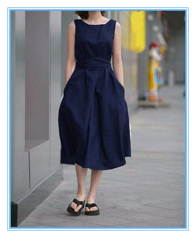 Fashion Lady Sleeveless Flare Linen Cotton Long Dress For Plus size