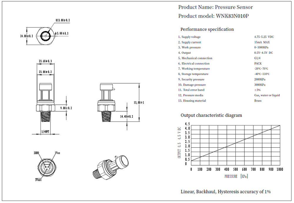 Brass Electronic Water Pressure Sensor , 10 Bar 20 bar 1 4 Npt Pressure Sensor