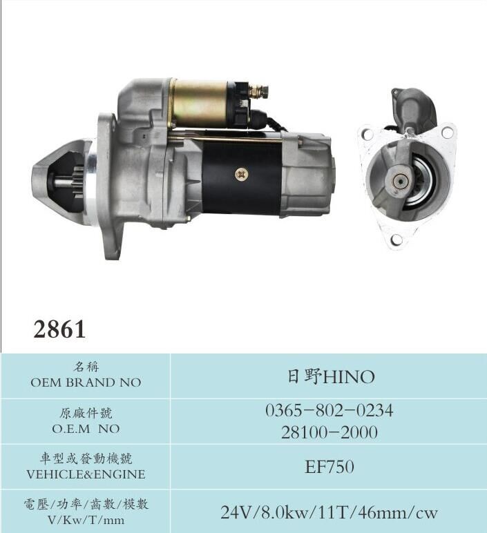Sawafuji vehicle 100%New Hino Starter Motor 0365-802-0234 28100-2000 EF750 24V 8KW 11T