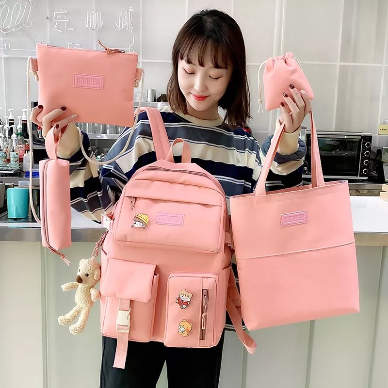 Girls School Bag Set Canvas 5 Piece Backpack Set Sling Pencil Bag ODM