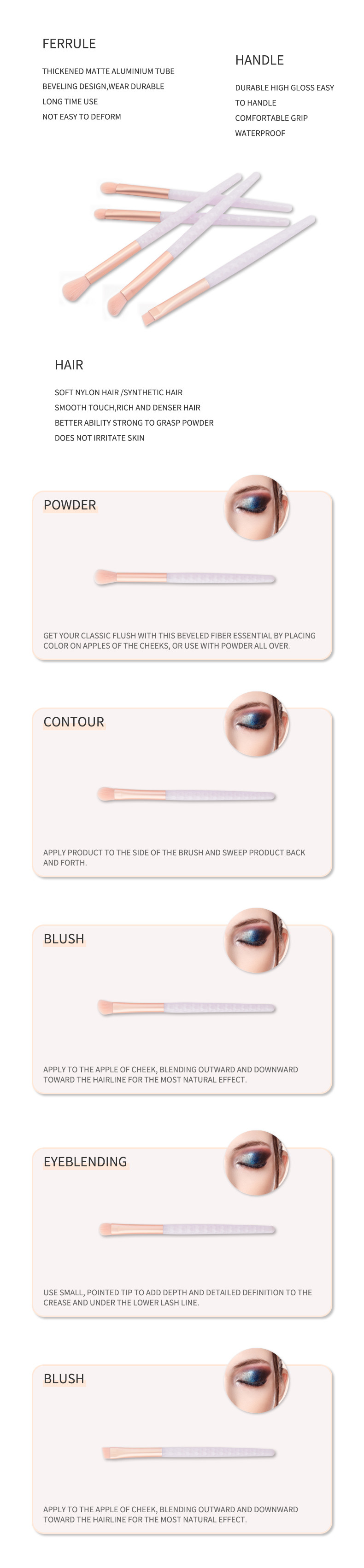Aluminum Ferrule ISO9001 Synthetic Hair Makeup Brushes 5pcs