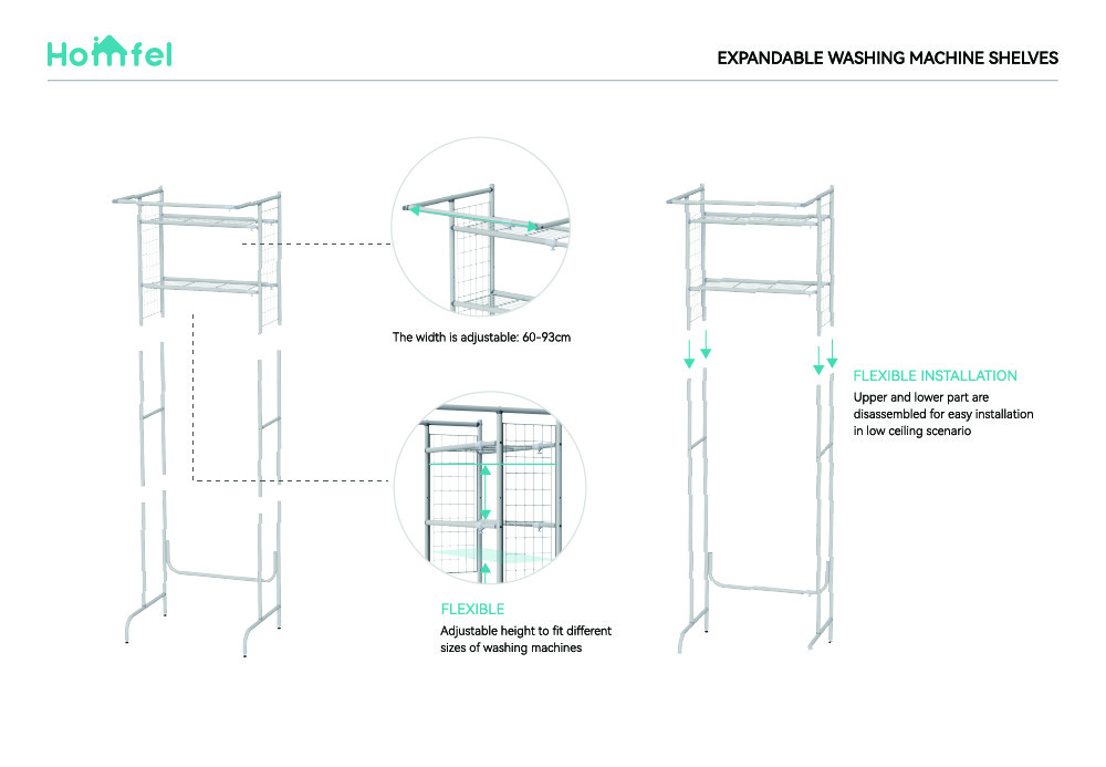 Pull Out Expandable Laundry Room Shelf Over Washing Machine Storage Rack 3-Tier Shelving Units With Rod