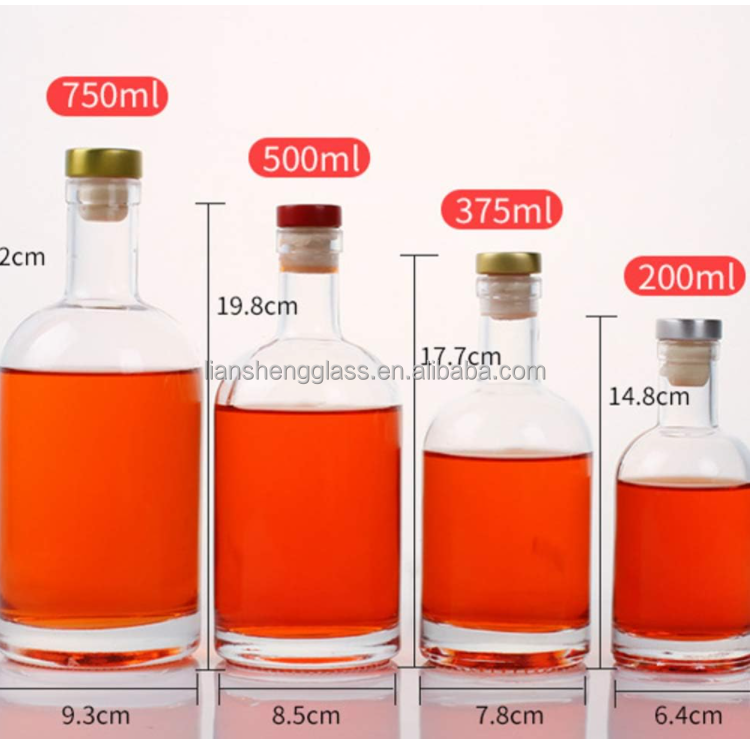 375ml 500ml 750ml Custom Unique Transparent Round Empty Flint Glass Liquor Bottle