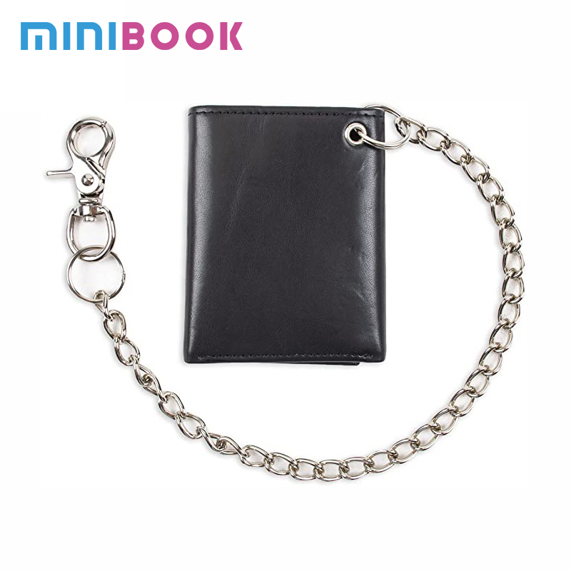 Genuine Leather Men's Trifold Chain Wallet Anti-Theft Design and Credit Card Pockets