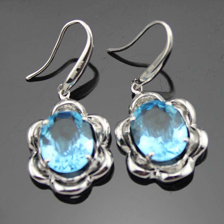 925 Sterling Silver Blue Topaz Cubic Zircon Dangle Drop Earrings (PSJ06345)