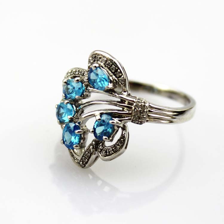 Women Jewelry 925 Silver Pave Blue Topaz Cubic Zirconia Ring (R129)