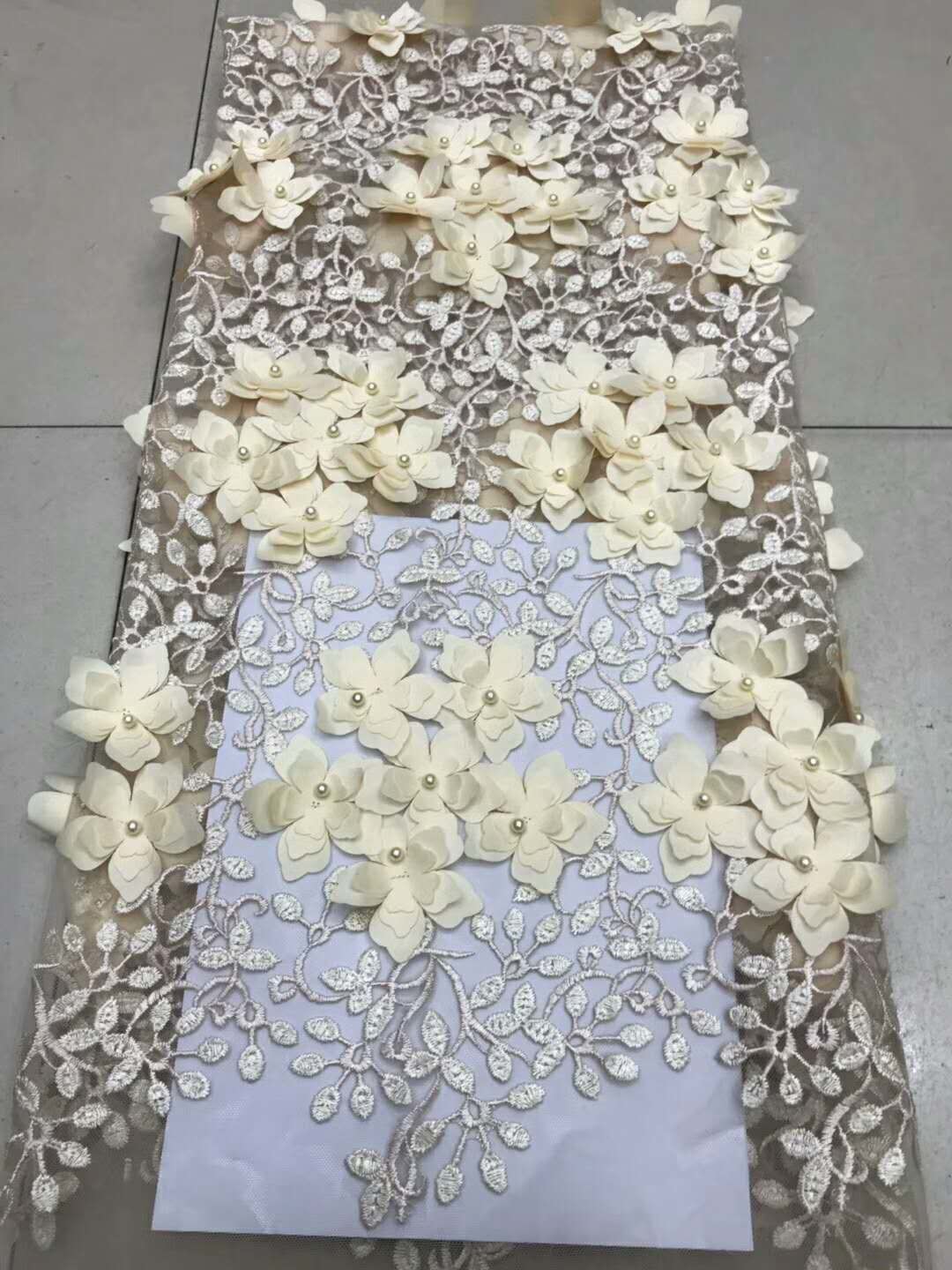 Polyester 3D Flower Cording Embroidered Lace Beaded Mesh Fabric For Textile