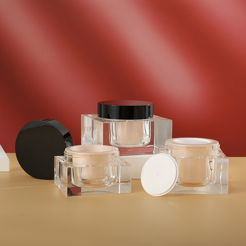 Custom logo pink acrylic square cosmetic bottle and jar cosmetic package container set for skin care production facial cream jar