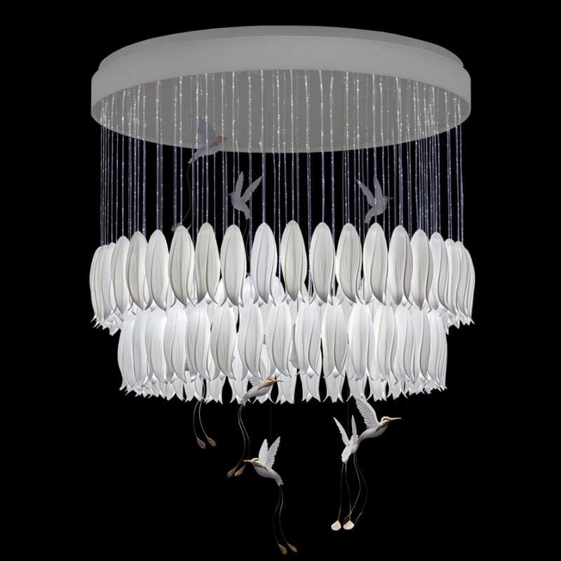 Ceramic Flower Bud Chandelier High Ceilings Chandeliers With Exquisite Ceramic Bird Pendant