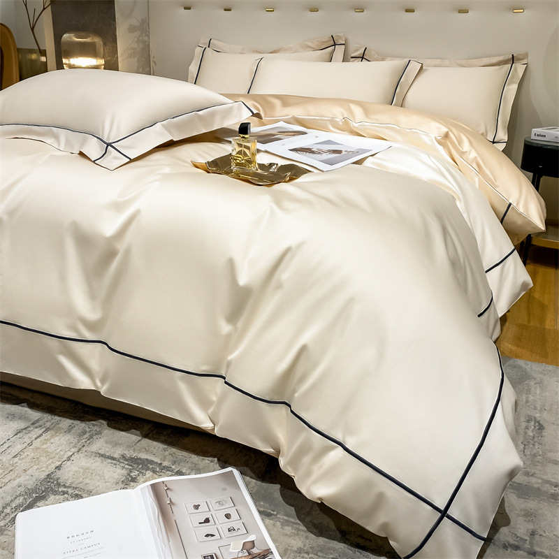 Home 200-Count Tencel Embroidered Double-Sided Ice Silk Sheets and Silk Smooth Nude Quilt Bedding Set