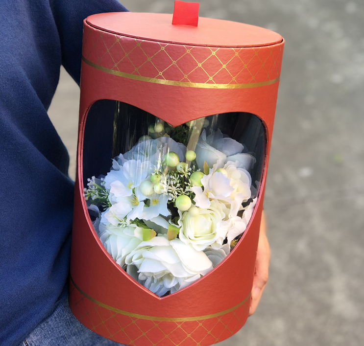 CMYK Printed Cylinder Shape Gold Stamping Logo Pink Flower Packaging Box for Roses