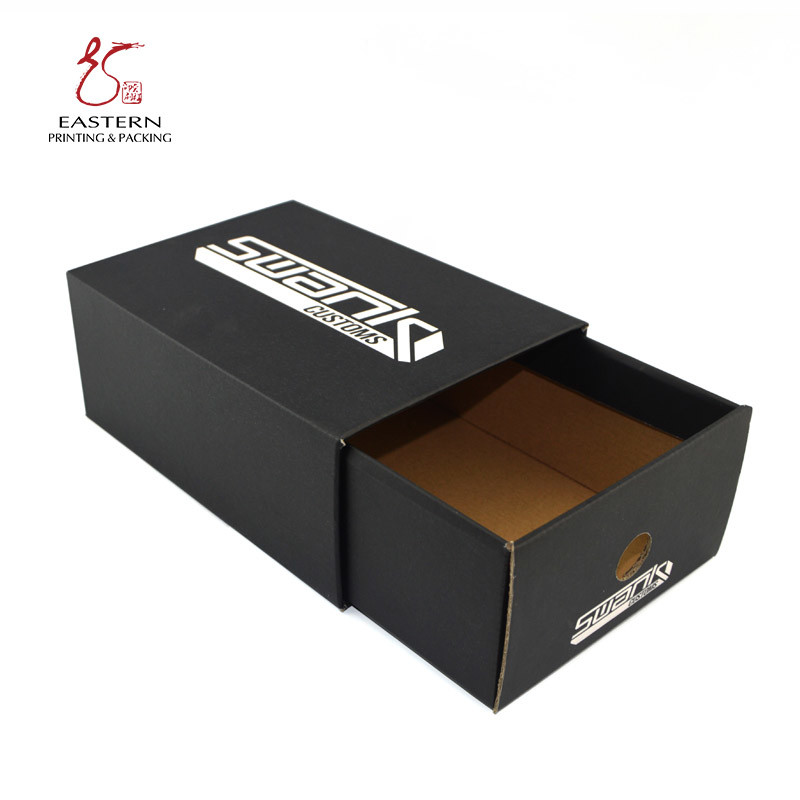 Foldable Sliding Corrugated Shoe Box Packaging Black Customized White Logo
