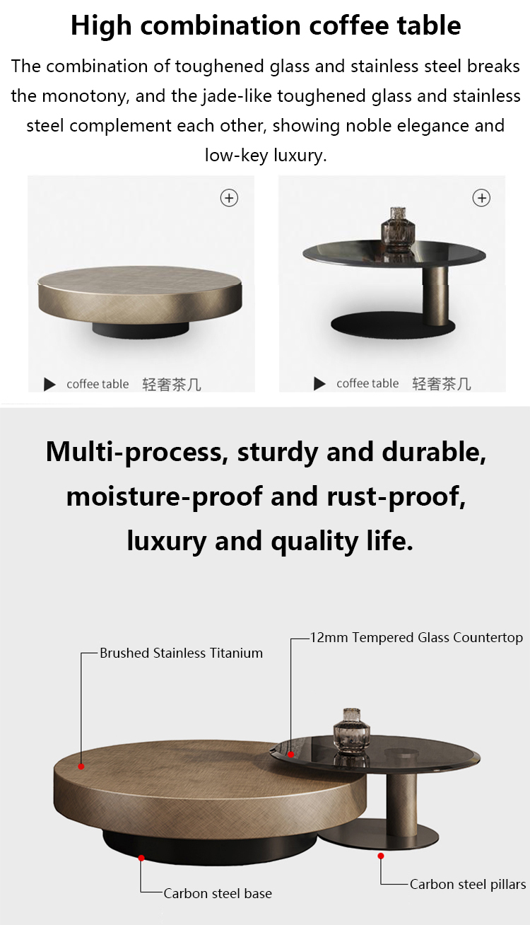 Tempered Glass Gold Metal Round Coffee Table Contemporary Drum Shape