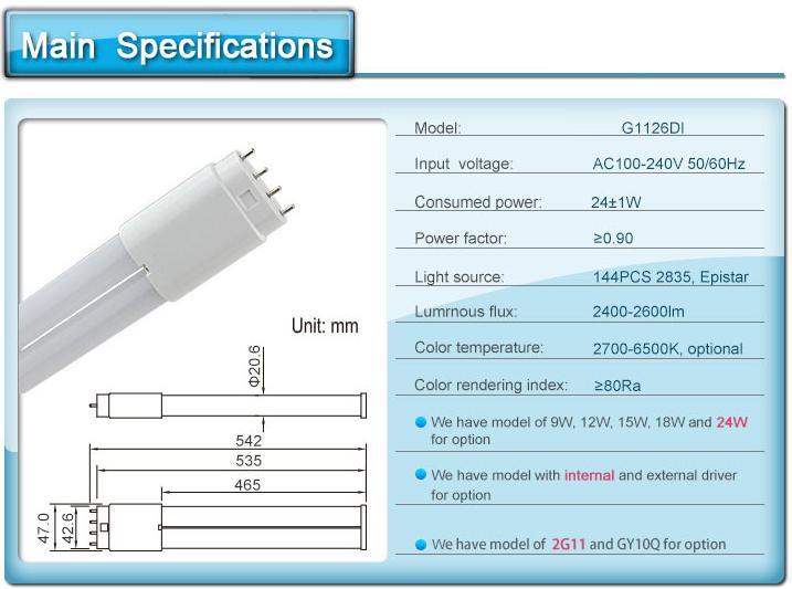 high lumen 2G11 led tube light 12W 2G11 PLL lamp 320mm wirh smd 2835 led AC85-265V 3 years warranty