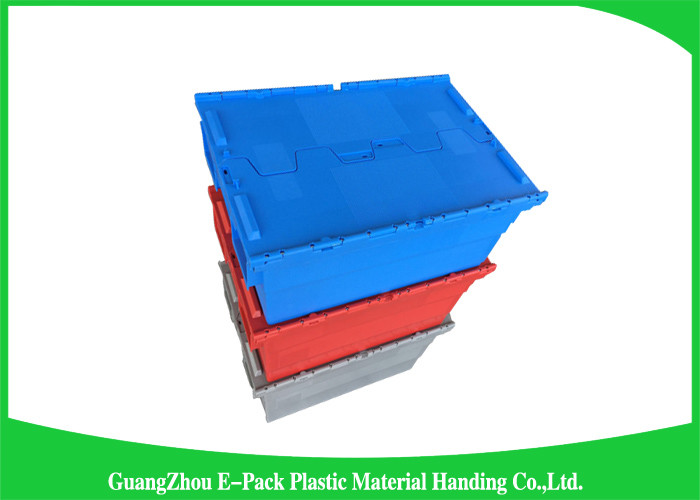 Nestable heavy duty plastic storage containers with attached lids stackable