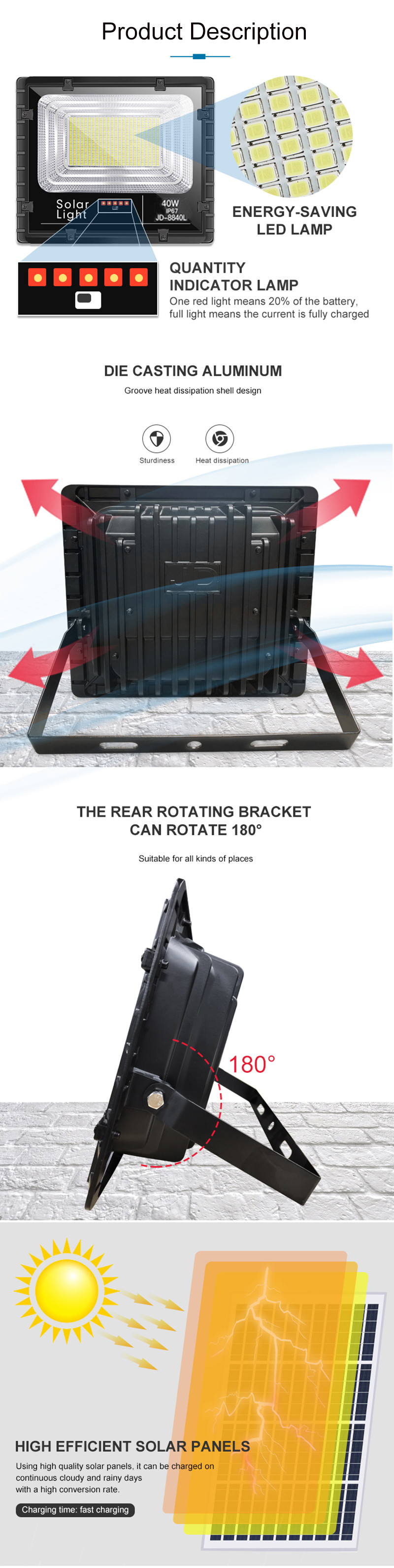 Die Casting Led Solar Flood Light 40w Outdoor IP66 Solar