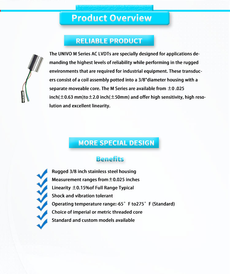 3.5mV/V/.001 Inch Sensitivity Industrial Grade Miniature High Temperature AC LVDT Sensor