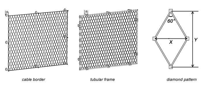 Three plan of the green facade with cable border, tubular frame and diamond pattern dimension.