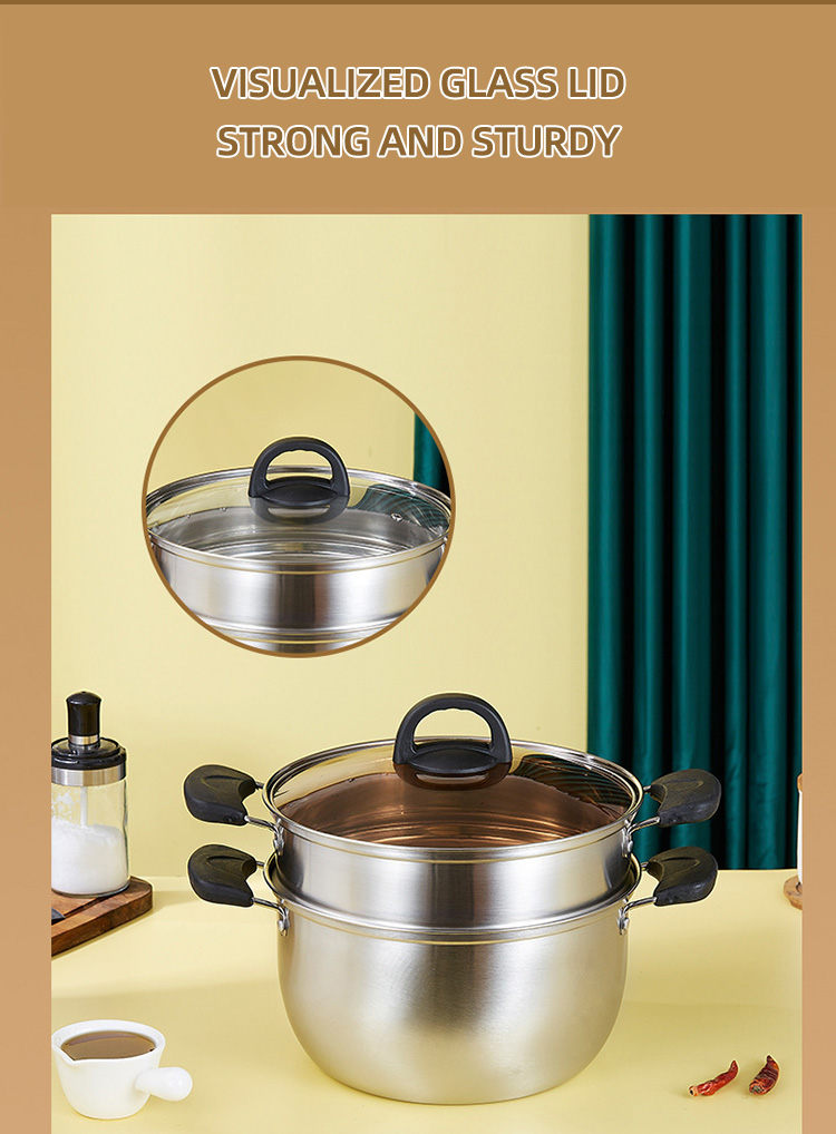 Factory Wholesale Two Layers Stainless Steel Saucepot Food Steamer Pots Circle Soup Pot With Glass Lid
