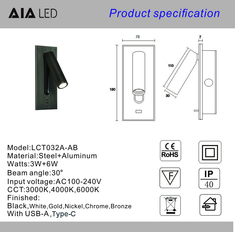 Adjustable recessed flexible LED headboard reading lamp USB aluminum hotel villa bedside wall light bed wall lighting