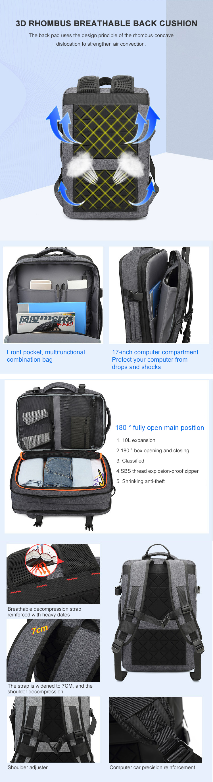 35 Litre Multi Functional Rucksack Computer Interlayer Expandable Computer Bag