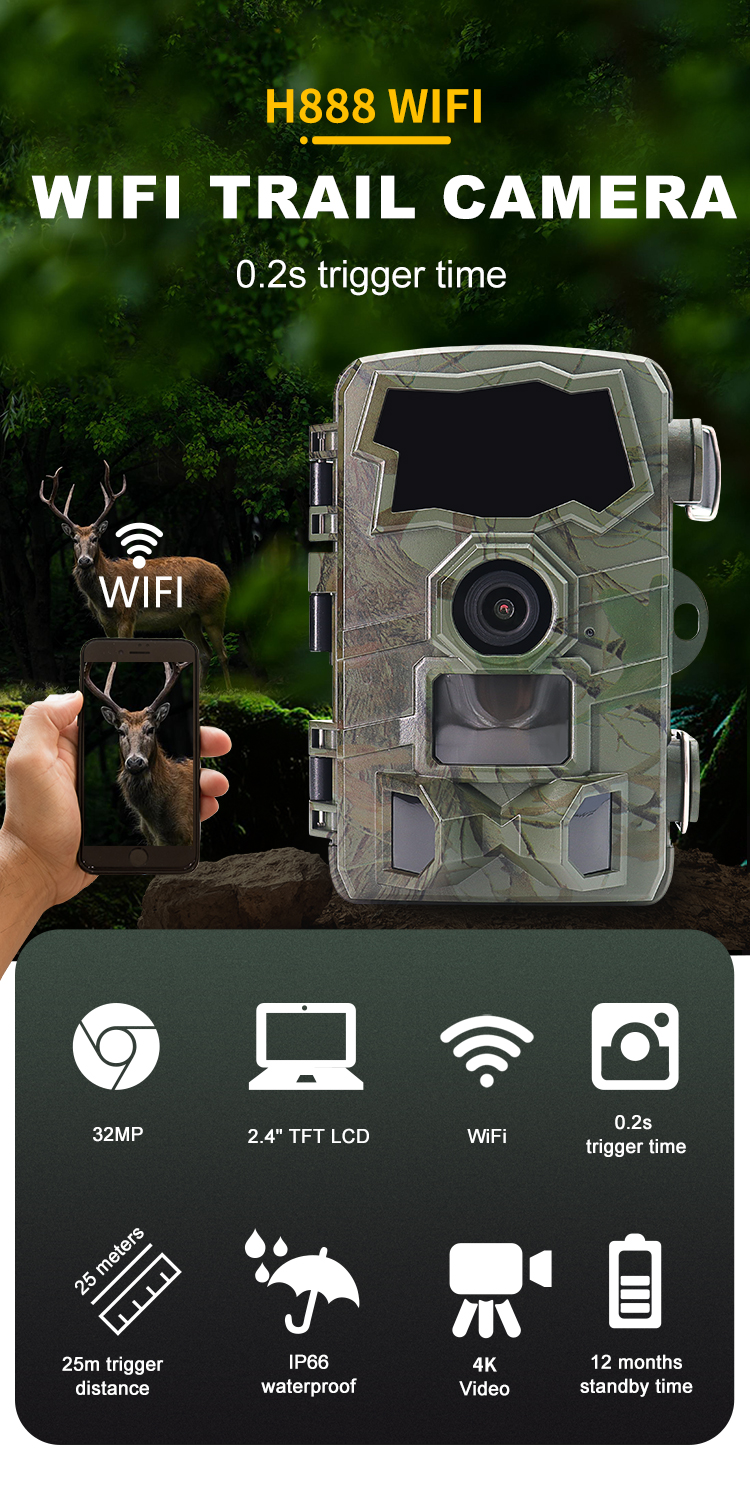 32MP 4K Wifi Wild Game Trail Camera Traps With No Glow 0.2s Trigger Time 25m Detection Distance For Hunt