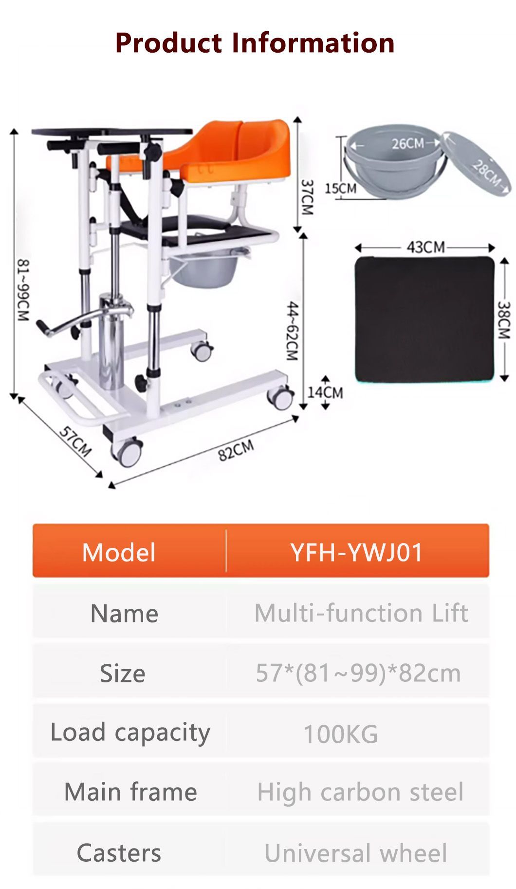 Reliable Quality Adjustable Height Manual Patient Transfer Lift Chair Hydraulic Lift Wheelchair for Paralyzed Use