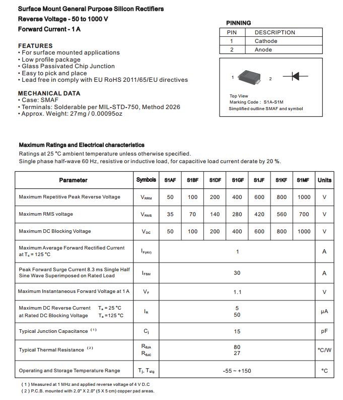 S1AF THRU S1MF Rectifier Diode - 50 to 1000 V - 1 A China supplier