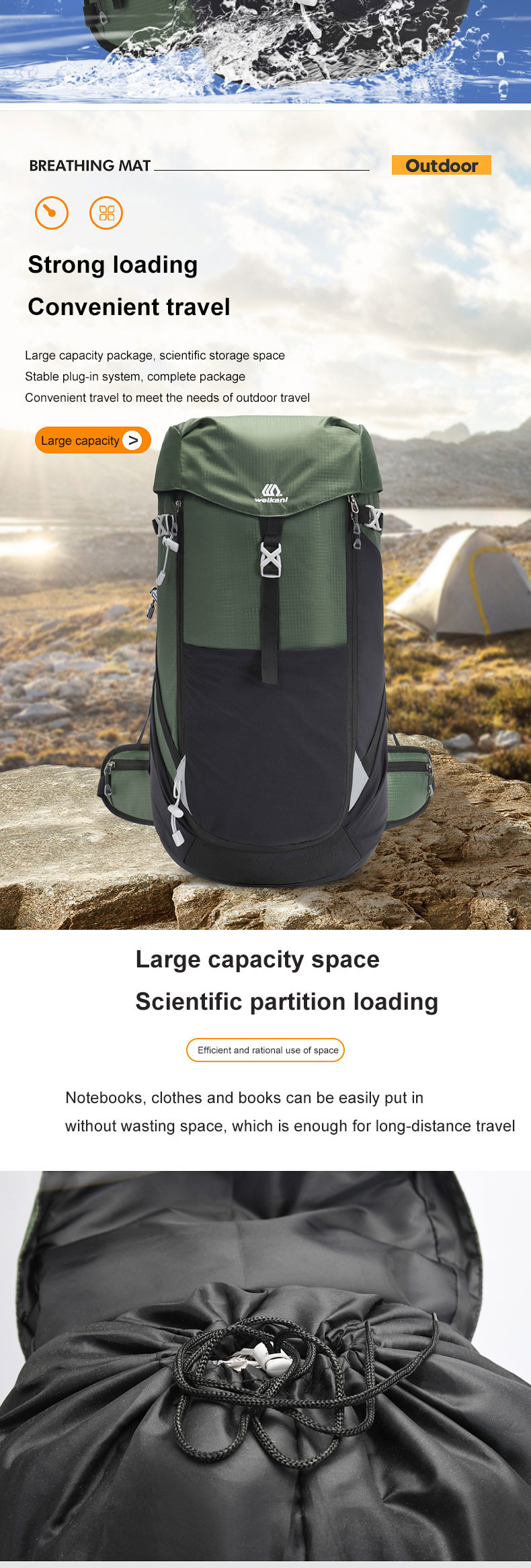 Outdoor 50L Waterproof Backpack ODM Ultralight Camping Backpack Nylon