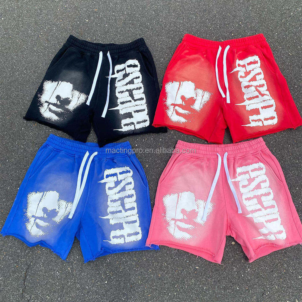 Vintage Graphic French Terry Shorts with Drawstring Closure and Distressed Acid Wash