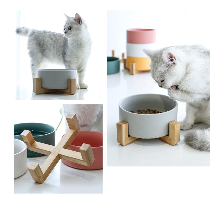 Rounded Marble Ceramic Pet Bowl With Elevated Stand Japan Style Printed