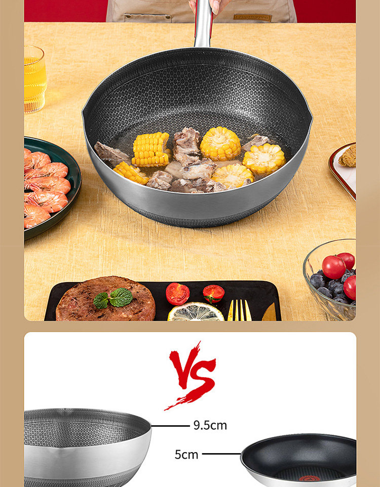 Factory Price 30 Cm Cookware 18/10 Stainless Steel Frypan Non Stick Honeycomb Fry Pans With Stainless Steel Handle