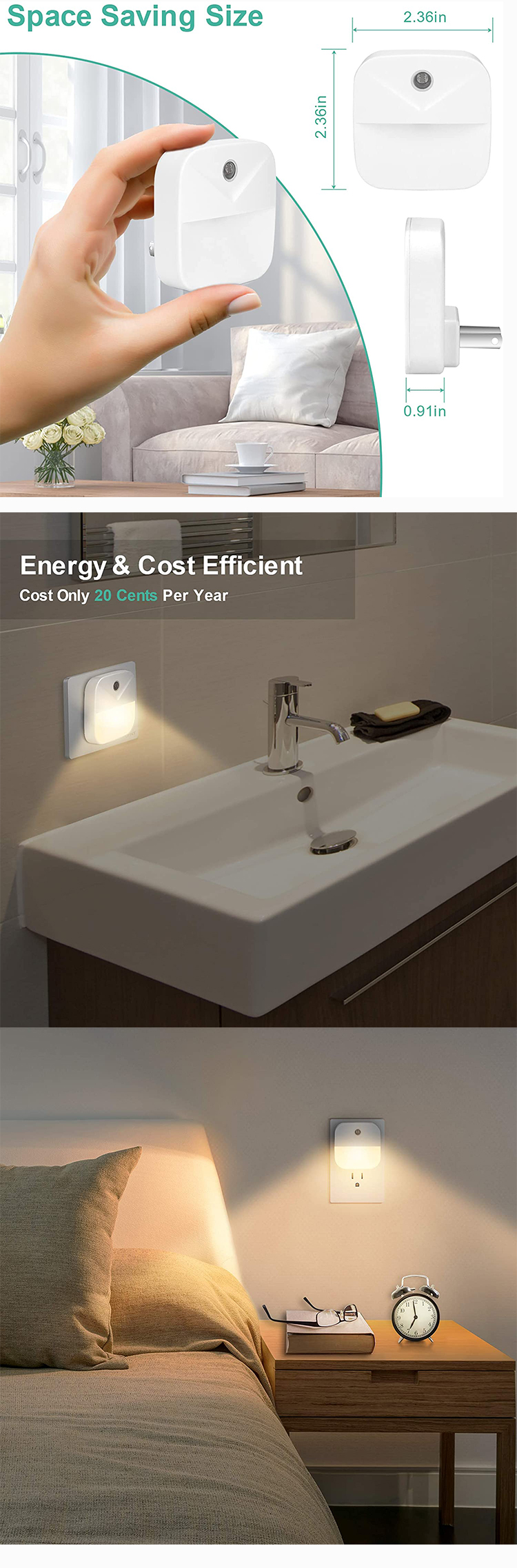 Warm White Plug In Wall Night Lights For Bedroom Bathroom Hallway Stairs