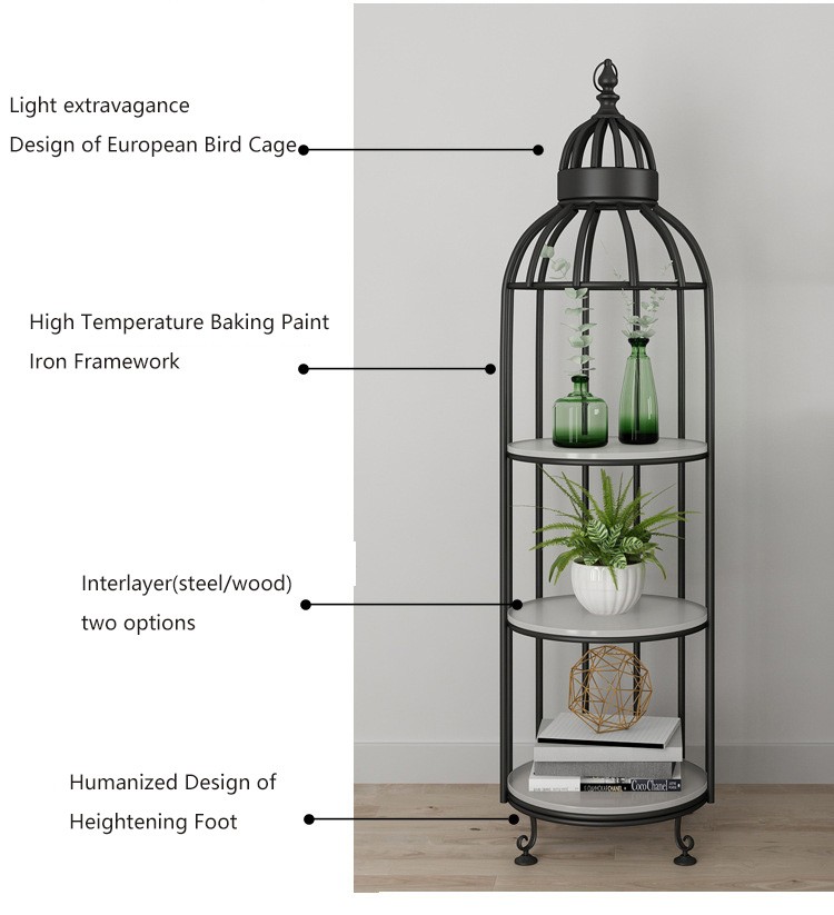 Interior Decoration Metal Display Racks And Stands Creative Bird Cage Shape Flower Shelf