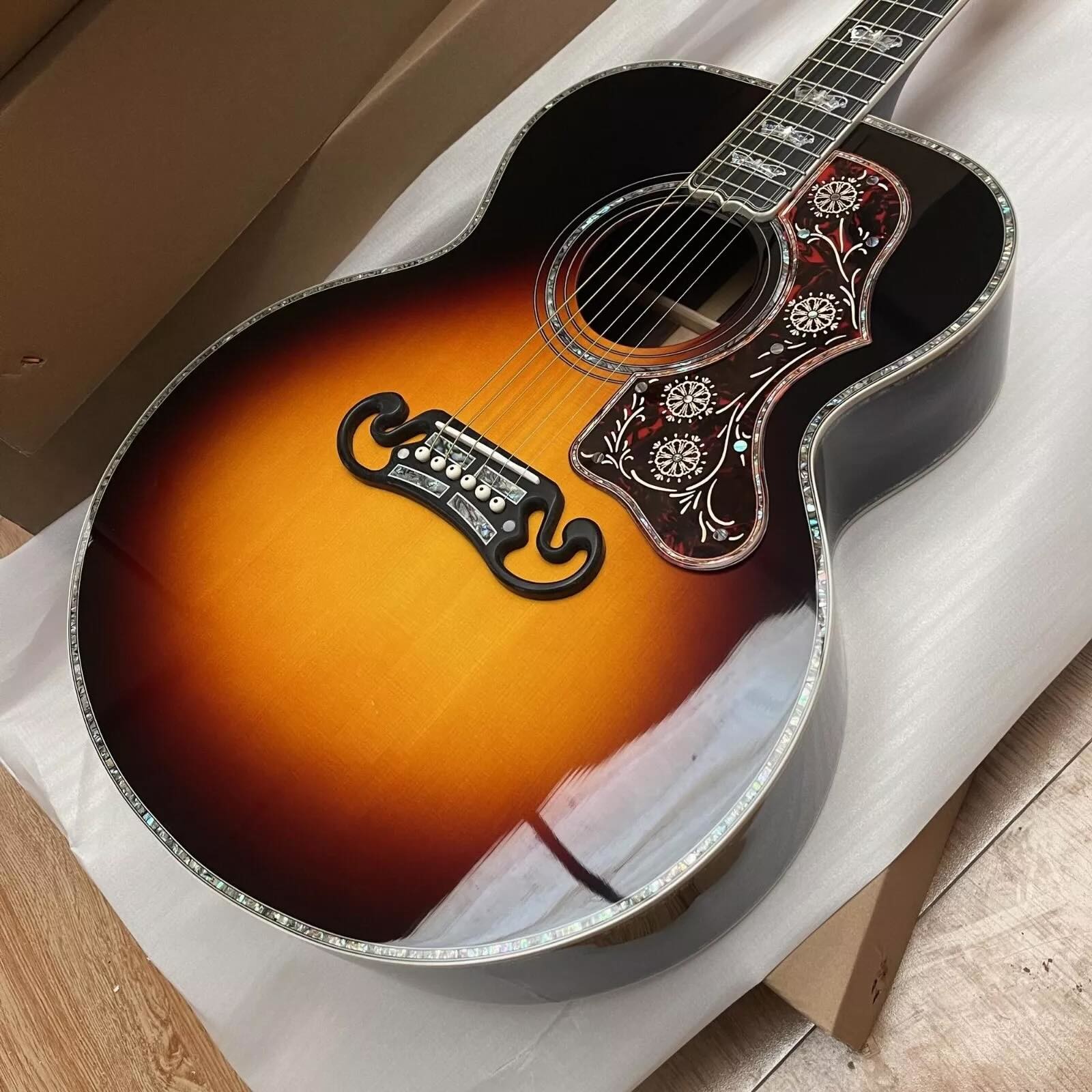 Custom Gibson Style Crown Monarch Type Sunburst Color SJ200 ALL Solid Wood Jumbo Acoustic Guitar