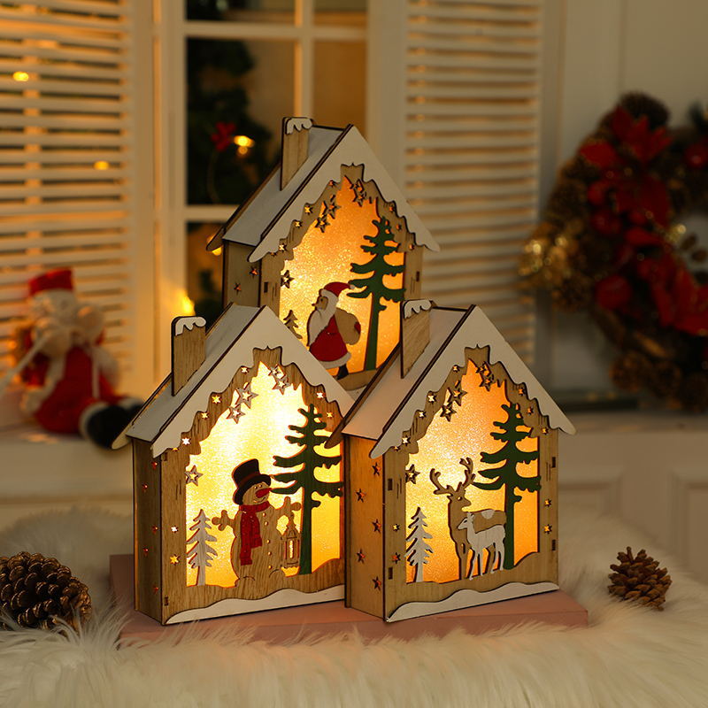 Christmas LED Light Wooden House Luminous Cabin Merry Christmas Decorations for Home Tree Ornaments Kids Gifts