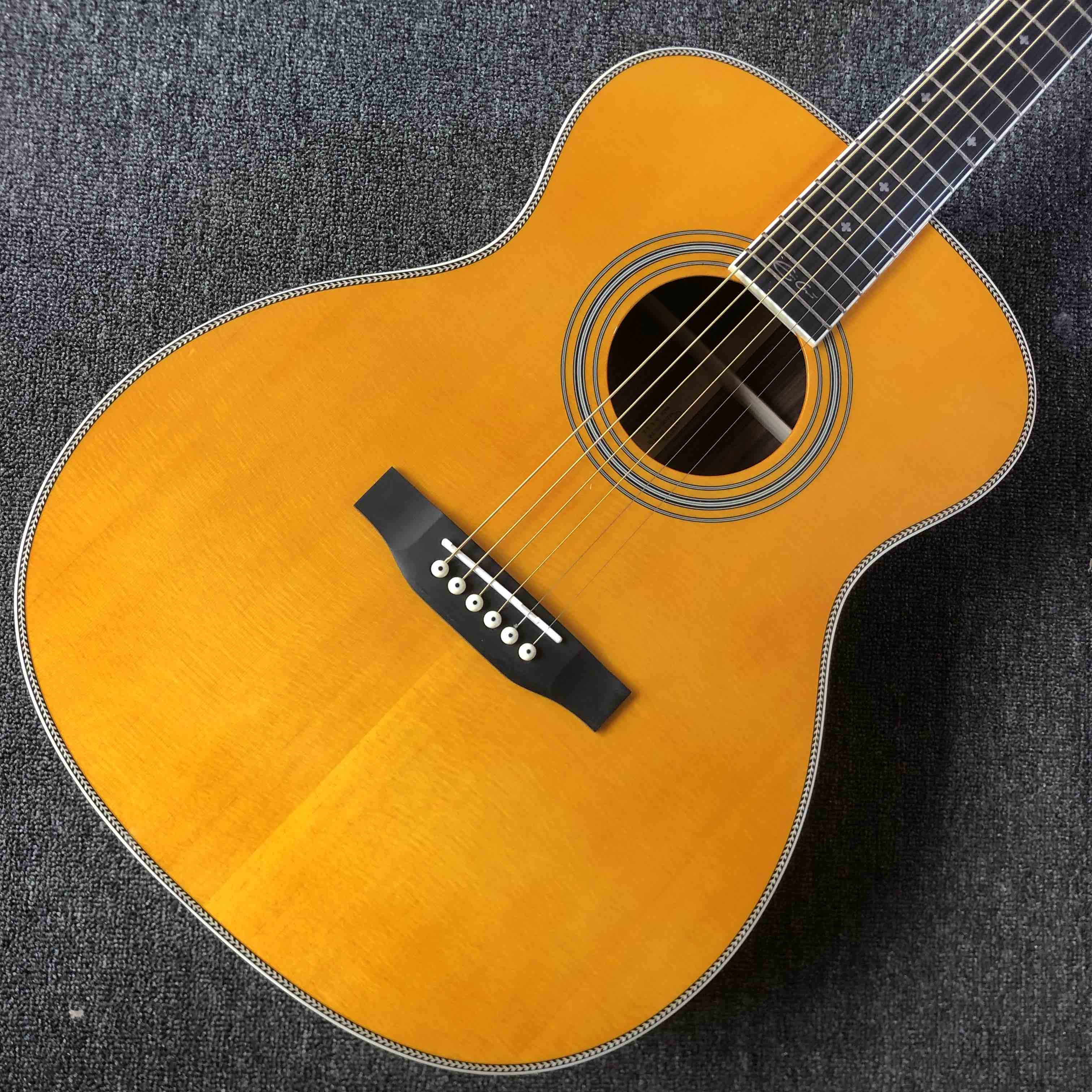 Custom acoustic electric guitar OM body round body solid top guitar rosewood fingerboard mahogany back side with EQ