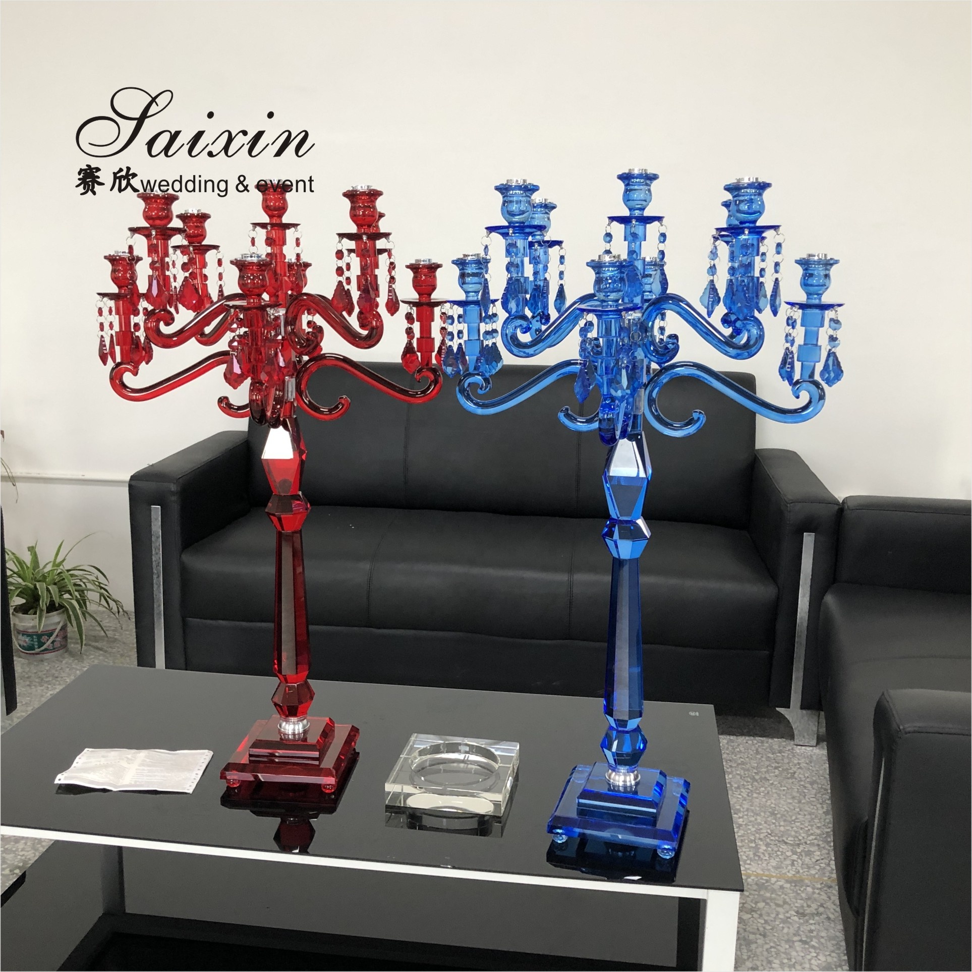 Blue Crystal Candelabra 9 Arm Crystal Chandelier Candlesticks Table Decoration