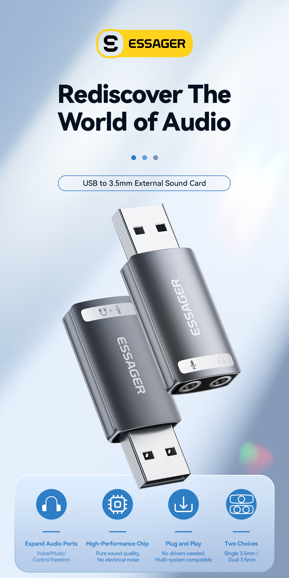 ESSAGER ES-OTG21 Series USB A To Aux Jack Audio Micro Adapter USB To 3.5mm Adapter