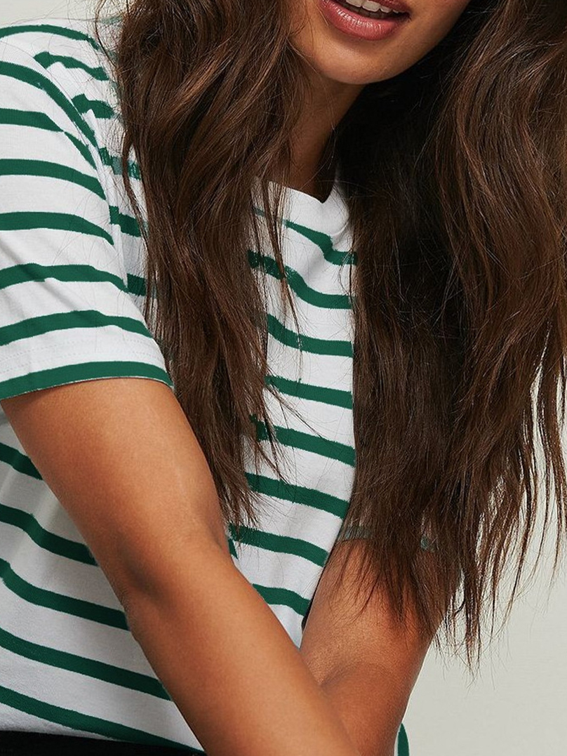 Unisex Striped Short Sleeve Round Neck T-Shirt Woven Technique Plain Dyed Women's Clothing