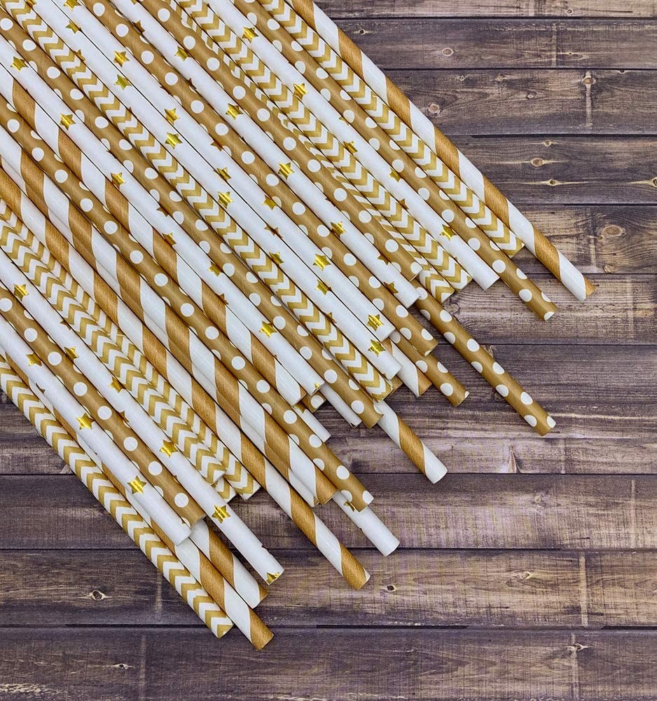 No Plastic Party Drinking Bendable Gold Striped Paper Straws
