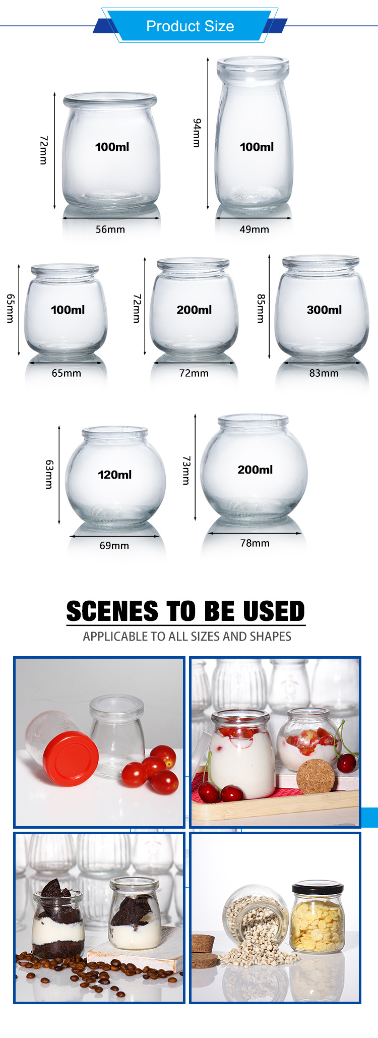 New Design 100ml 200ml 300ml Glass Pudding Cheese Jar with Plastic Pudding Lid