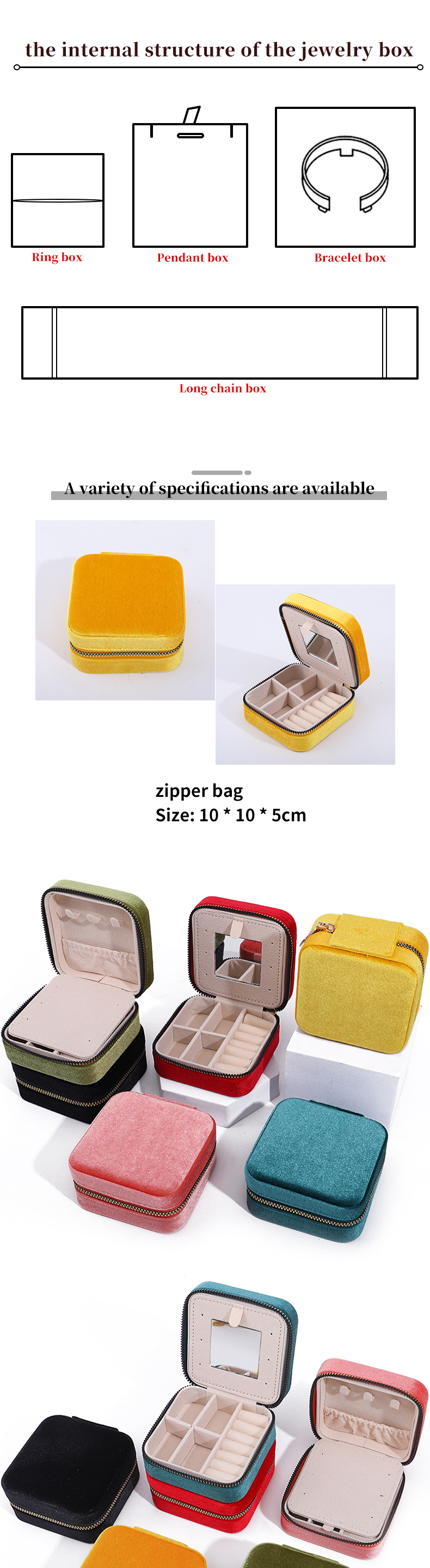 Custom Logo Velvet Jewelry Boxes Travel Storage for Earrings Necklace Ring Mirror Box
