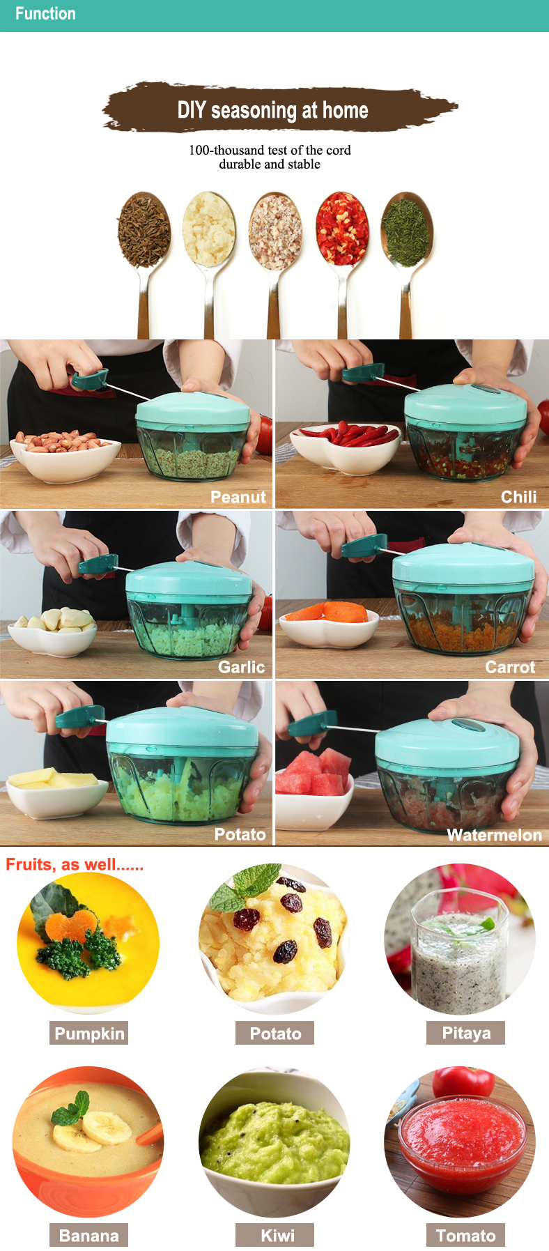 Rust Resistant Kitchen Vegetable Chopper Pull String Food Processor With 4 Interchangeable Blades