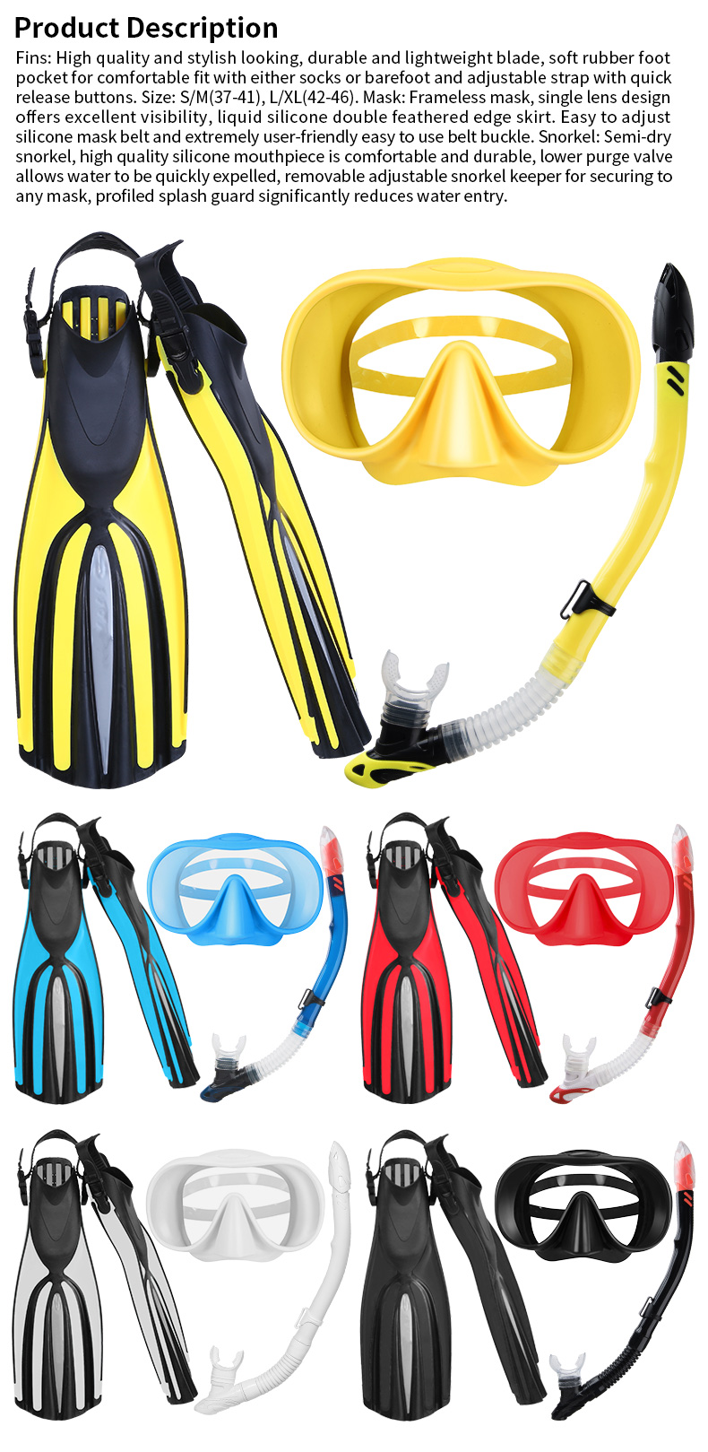 CE Certified Silicone Long Blade Snorkel Mask Set Fins Adjustable Strap