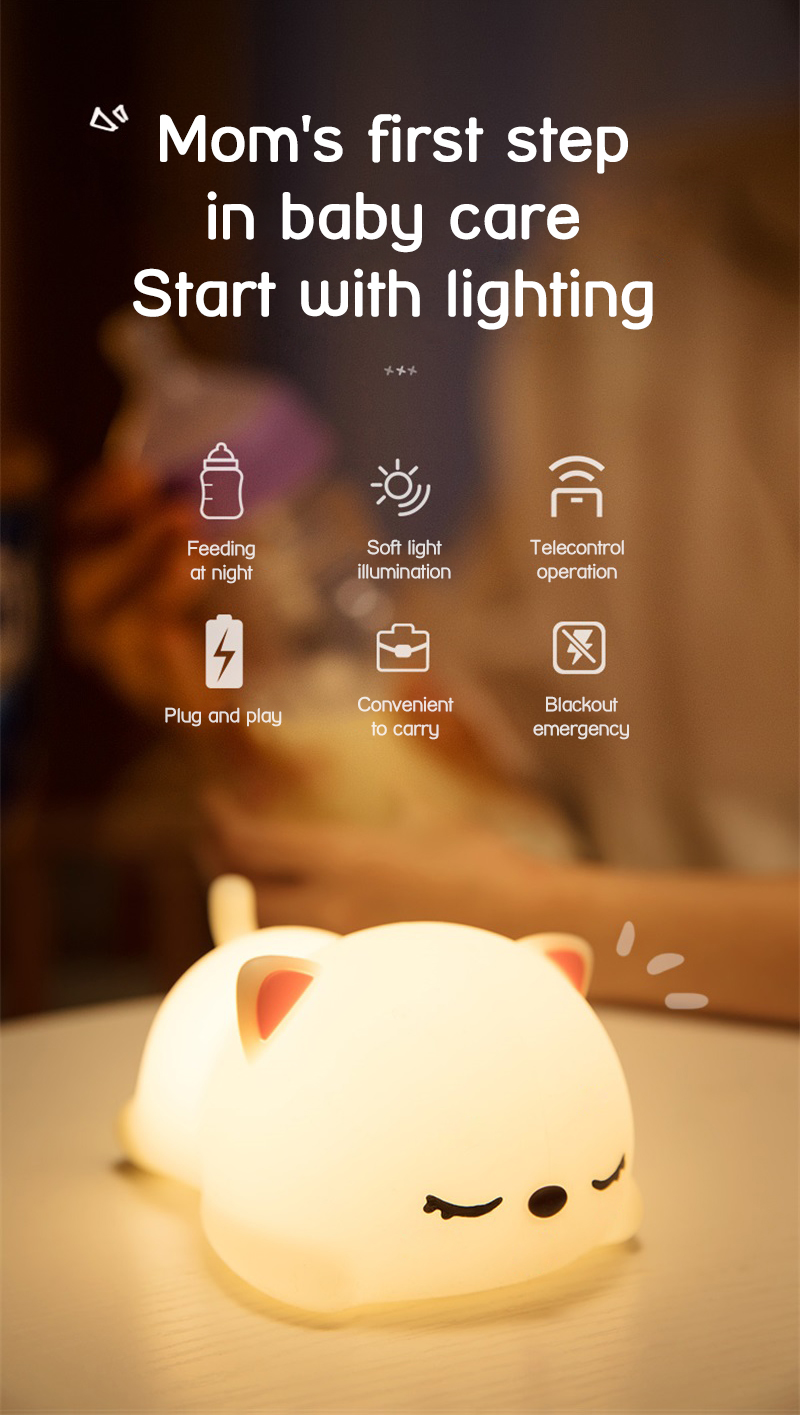 LED Cute Cat Lamp Nursery Kids Bedroom Decor Gift Color Changing Silicone Touch Kitty Night Light