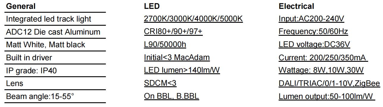 E02 series Integrated Zoomable LED tracklight adjustable 15-55° Dali 1-10V dimmable 6/4 wire 3 phase