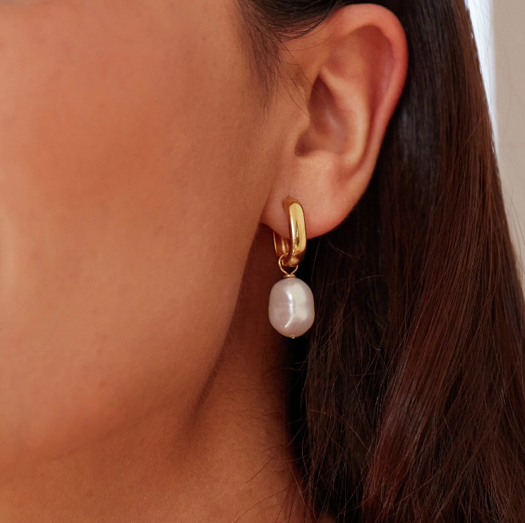 S925 Silver Thick Squared Hoop Freshwater Pearl Drop Earrings OEM